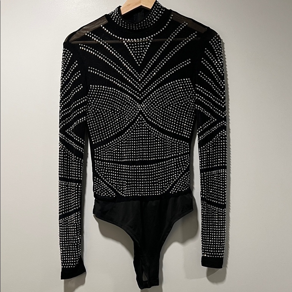 Black Crystal Studded Long Sleeve Bodysuit